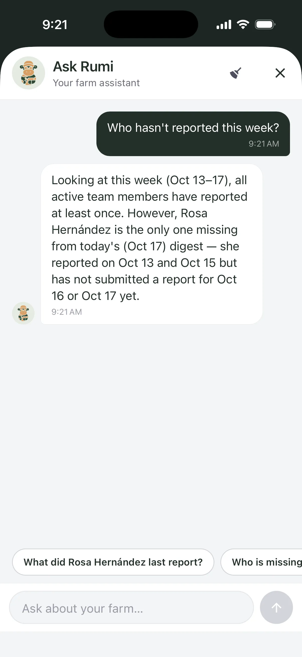 Ask Rumi chat answering who hasn't reported this week, naming one worker missing from today's digest.