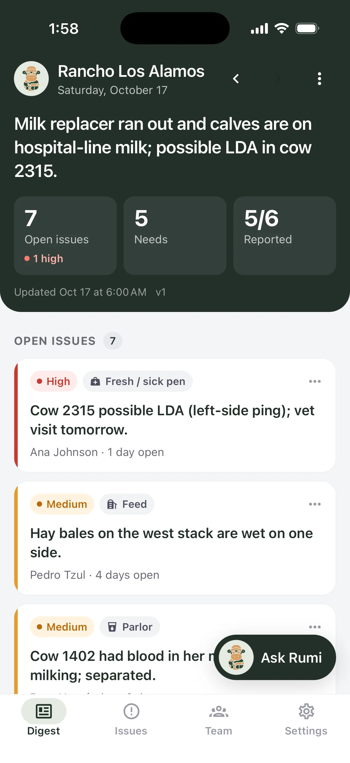 Rumi Daily digest for a dairy: headline about milk replacer and a possible LDA in cow 2315, 7 open issues, 5 needs, 5 of 6 workers reported.