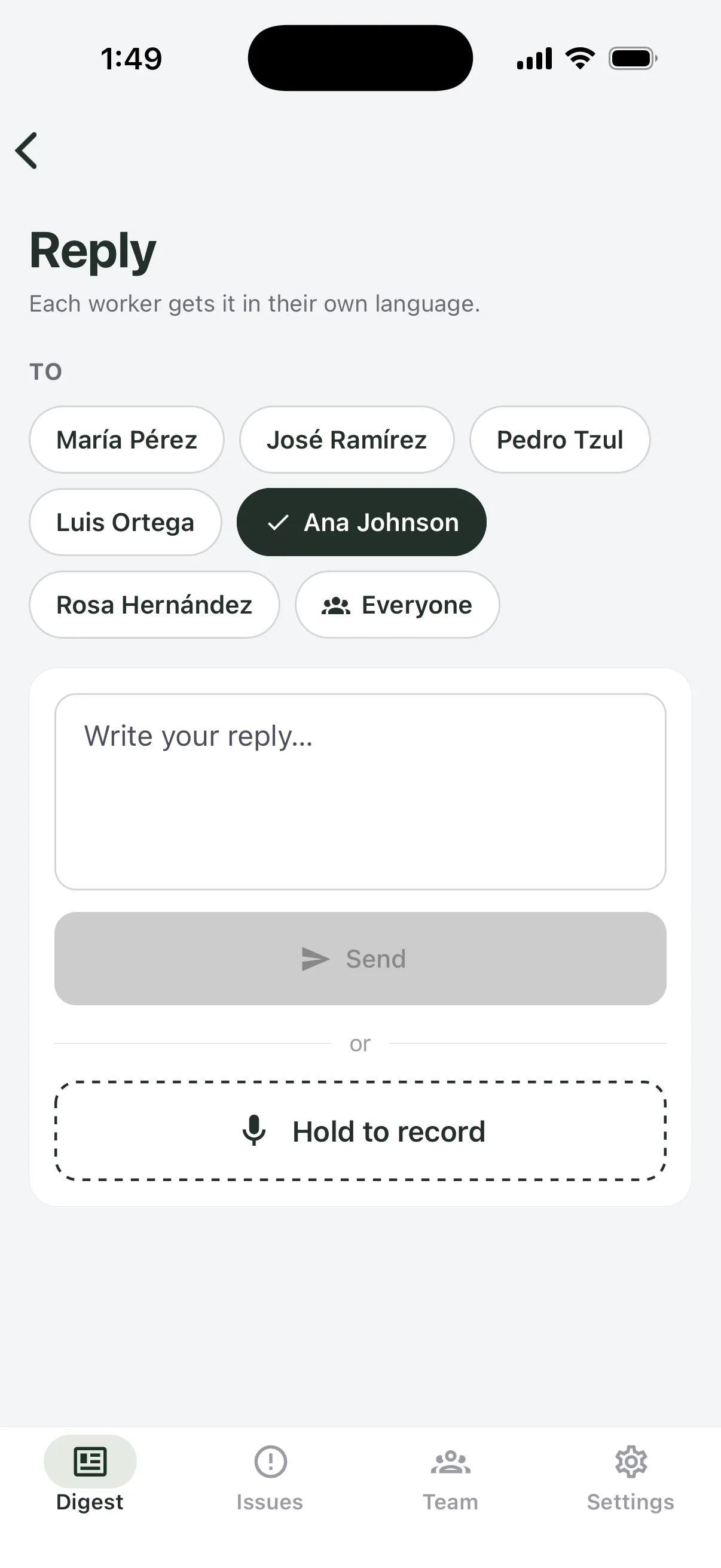 Rumi Daily reply screen: choose one worker or everyone, type or hold to record, and each worker gets it in their own language.